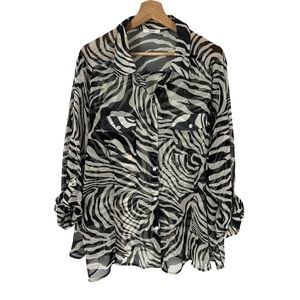 Nicola Animal Black White Print Button-down Semi Sheer Long Sleeve Blouse